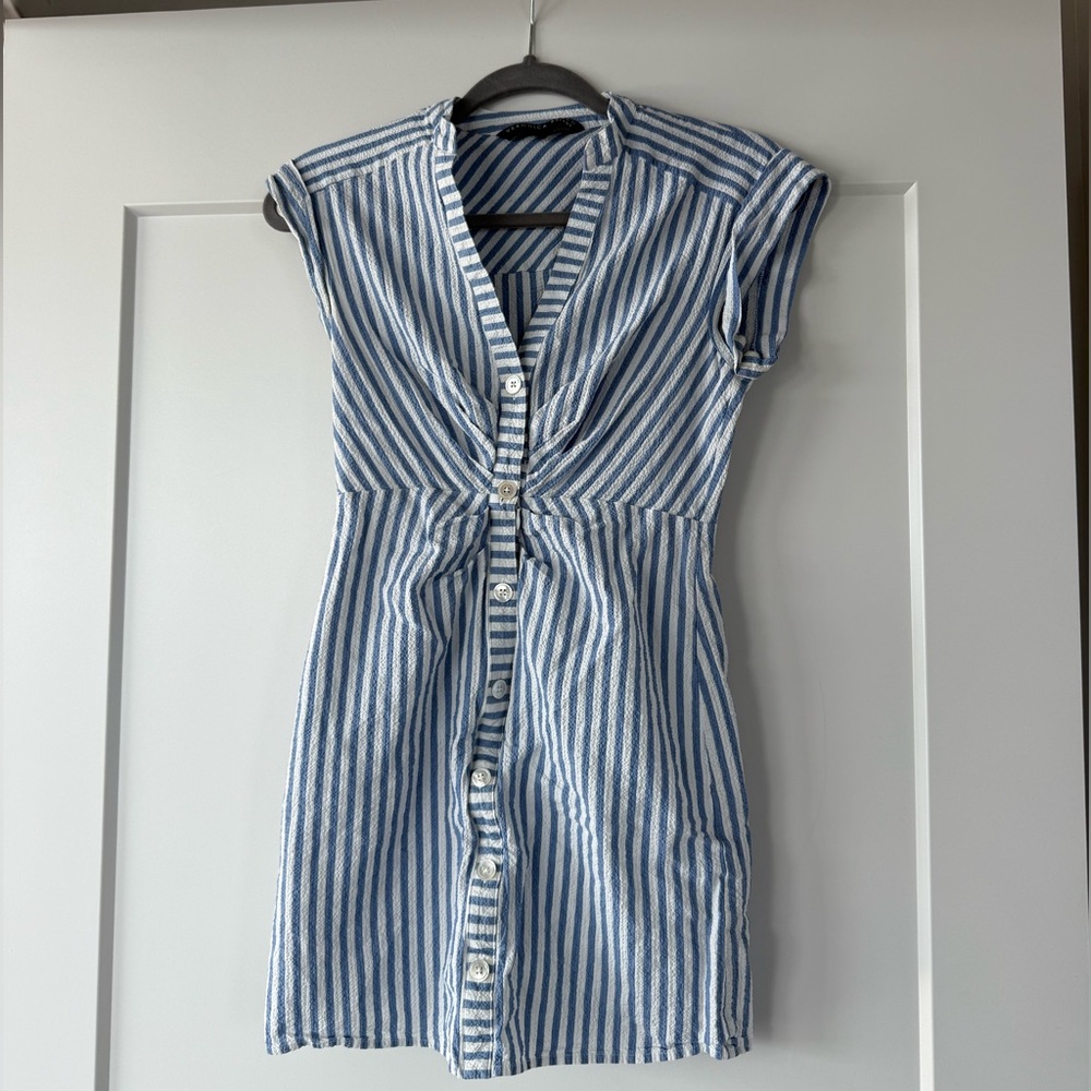 VERONICA BEARD Blue and White Striped Button-Down Dress